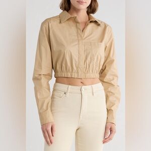 Good American Tan Long Sleeve Coated Poplin Crop Button-Up Shirt